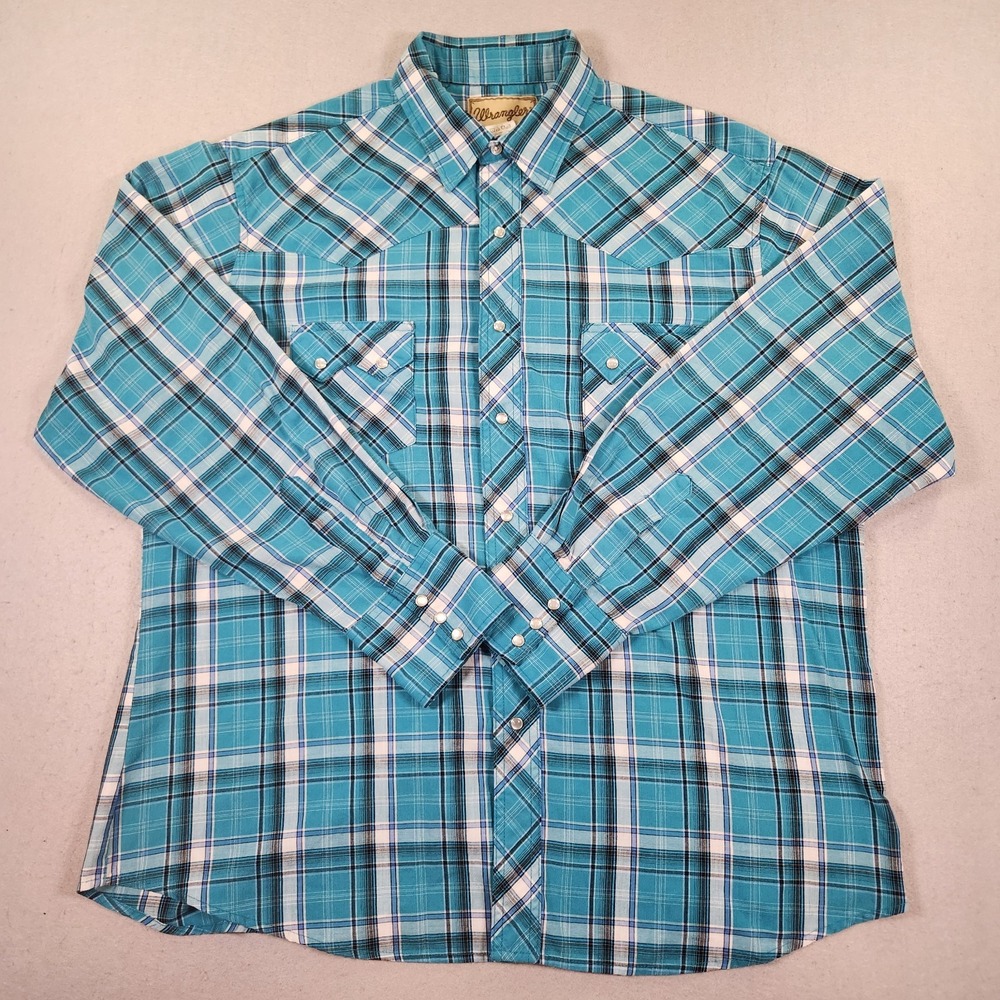 Wrangler Western Pearl Snap Shirt Men XL Blue Plaid Long Sleeve Cowboy